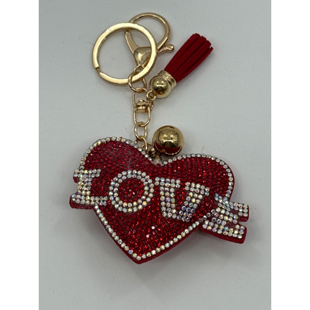 Red Rhinestone Love Heart Keychain Tassel Gold Tone Bag Charm Accessory